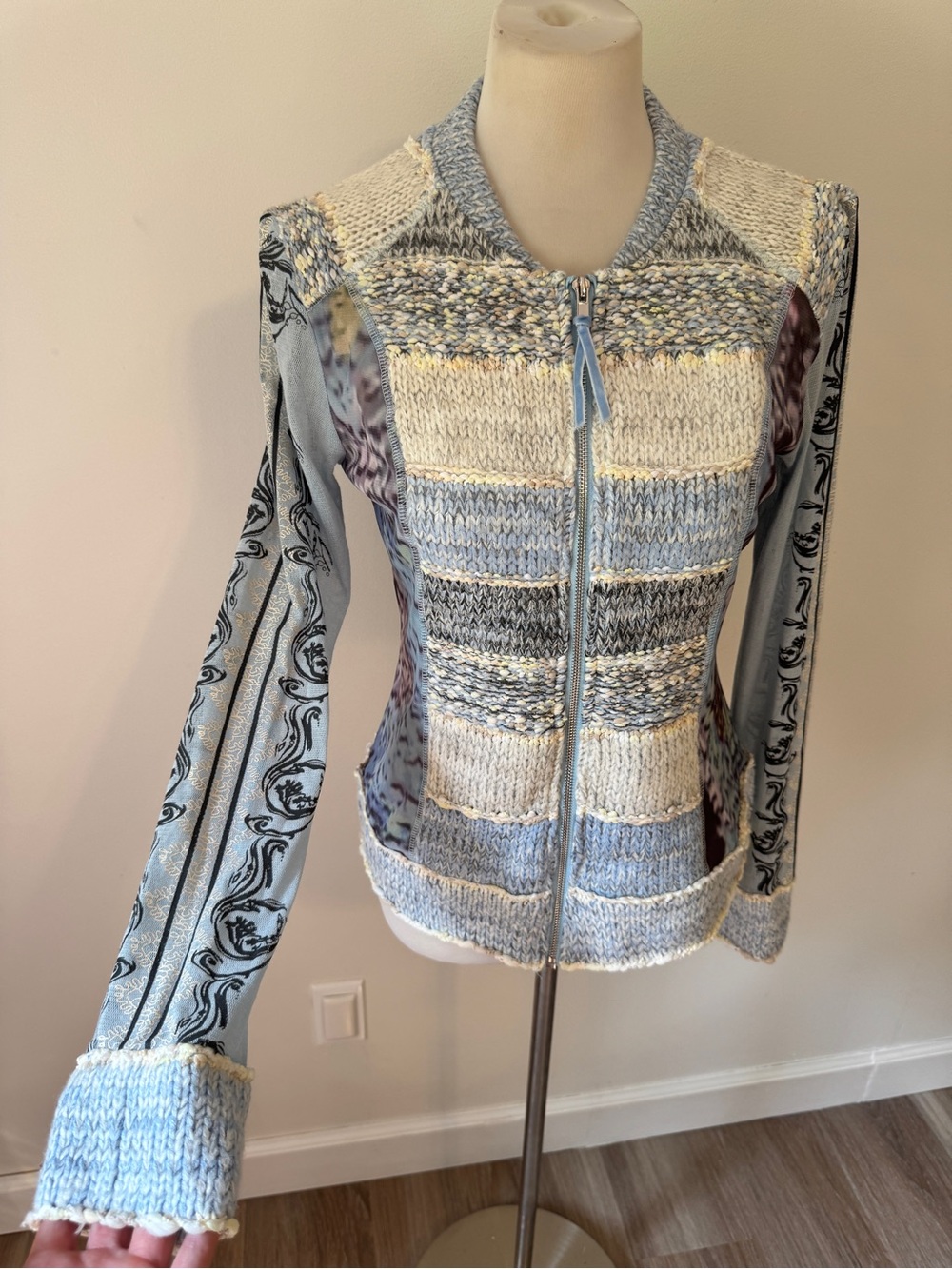 LULU-H Patchwork Knit Zip Jacket Large Blue Mixed Media Artsy Boho Y2K